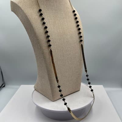 VTG Gold Herringbone & Black Faceted Bead Long Layering Necklace Chic Classic - Thumbnail 5