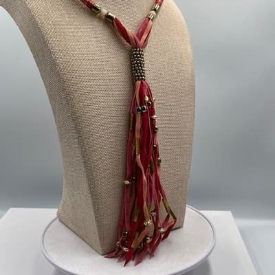 MIA Collection Boho Pink Suede Fringe Tassel Statement Necklace Gold Tone Accent - Thumbnail 7