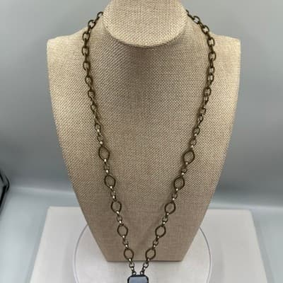 VTG Silver Tone Long Tassel Pendant Necklace Blue Grey Stone Black Agate Bead - Thumbnail 4