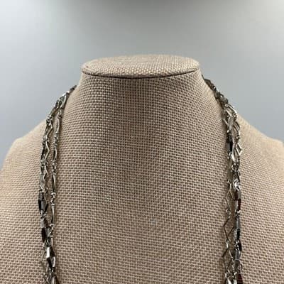 VTG Silver Tone Multi Layered Necklace Geometric Diamond Station Link Long Chain - Thumbnail 2