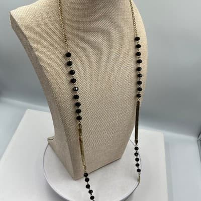 VTG Gold Herringbone & Black Faceted Bead Long Layering Necklace Chic Classic - Thumbnail 6