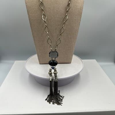 VTG Silver Tone Long Tassel Pendant Necklace Blue Grey Stone Black Agate Bead - Thumbnail 2