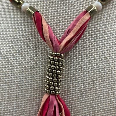 MIA Collection Boho Pink Suede Fringe Tassel Statement Necklace Gold Tone Accent - Thumbnail 3