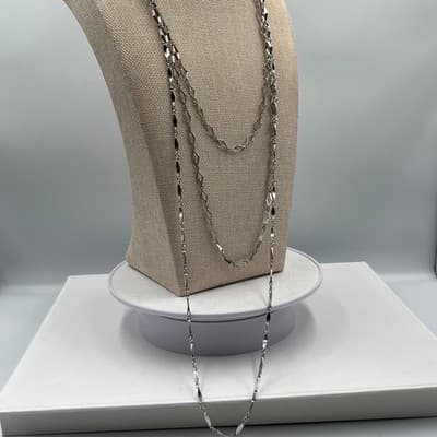VTG Silver Tone Multi Layered Necklace Geometric Diamond Station Link Long Chain - Thumbnail 4