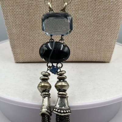 VTG Silver Tone Long Tassel Pendant Necklace Blue Grey Stone Black Agate Bead - Thumbnail 6
