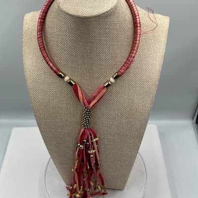 MIA Collection Boho Pink Suede Fringe Tassel Statement Necklace Gold Tone Accent - Thumbnail 6