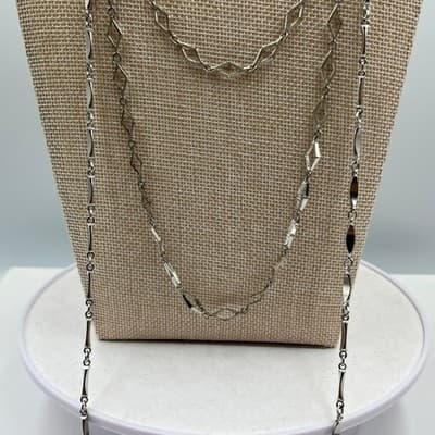 VTG Silver Tone Multi Layered Necklace Geometric Diamond Station Link Long Chain - Thumbnail 3
