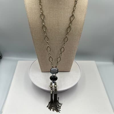 VTG Silver Tone Long Tassel Pendant Necklace Blue Grey Stone Black Agate Bead - Thumbnail 3