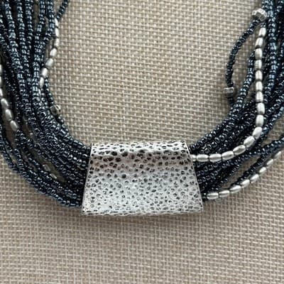 Coldwater Creek Multi-Strand Seed Bead Necklace Silver Tone Hammer Slide Accent - Thumbnail 3