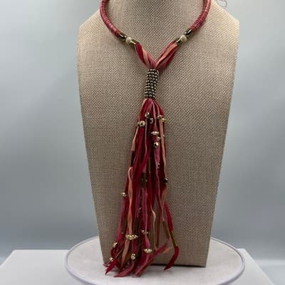 MIA Collection Boho Pink Suede Fringe Tassel Statement Necklace Gold Tone Accent - Thumbnail 5
