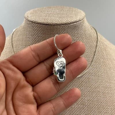Vintage Silver Flip Flop Pendant Necklace Teal Enamel Multi-Color Crystal Heart - Thumbnail 4