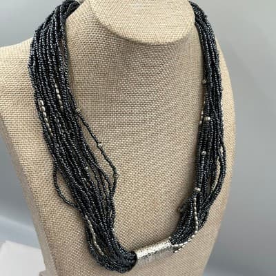 Coldwater Creek Multi-Strand Seed Bead Necklace Silver Tone Hammer Slide Accent - Thumbnail 5