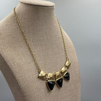 VTG Gold Tone Geometric Bib Necklace Black Triangle Statement Pendant Fashion - Thumbnail 4