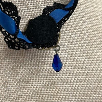 VTG Gothic Black Lace Choker Necklace Blue Crystal Teardrop Pendant Victorian - Thumbnail 6