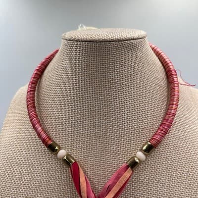 MIA Collection Boho Pink Suede Fringe Tassel Statement Necklace Gold Tone Accent - Thumbnail 2