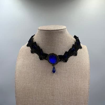 VTG Gothic Black Lace Choker Necklace Blue Crystal Teardrop Pendant Victorian - Thumbnail 2