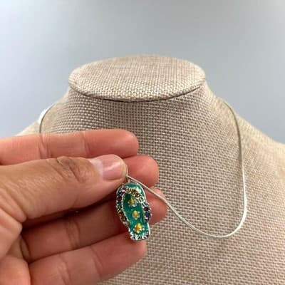 Vintage Silver Flip Flop Pendant Necklace Teal Enamel Multi-Color Crystal Heart - Thumbnail 5