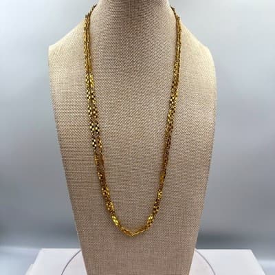 Vintage Gold Tone Textured Faceted Link Long Opera Necklace Chain 36" Statement