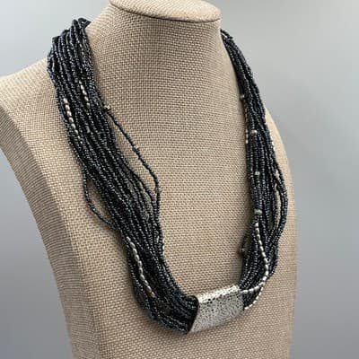 Coldwater Creek Multi-Strand Seed Bead Necklace Silver Tone Hammer Slide Accent - Thumbnail 4