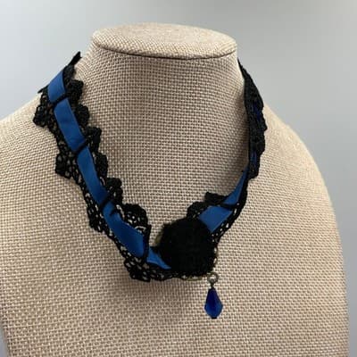 VTG Gothic Black Lace Choker Necklace Blue Crystal Teardrop Pendant Victorian - Thumbnail 5