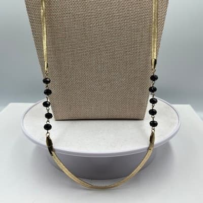 VTG Gold Herringbone & Black Faceted Bead Long Layering Necklace Chic Classic - Thumbnail 4