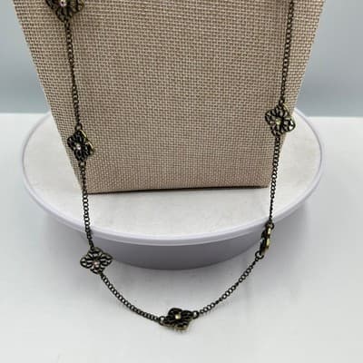 Vintage Bronze Station Necklace Clear Rhinestone Quatrefoil Filigree Long Chain - Thumbnail 5