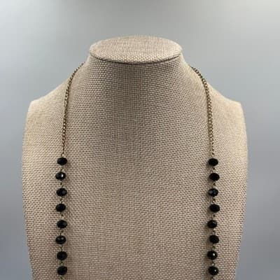 VTG Gold Herringbone & Black Faceted Bead Long Layering Necklace Chic Classic - Thumbnail 3