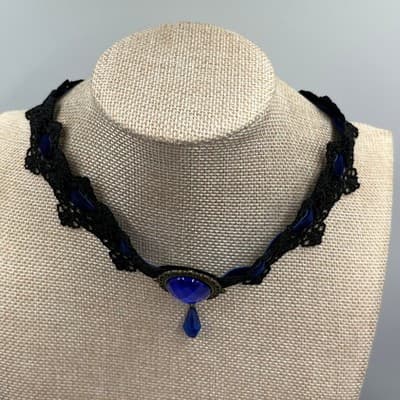 VTG Gothic Black Lace Choker Necklace Blue Crystal Teardrop Pendant Victorian - Thumbnail 3