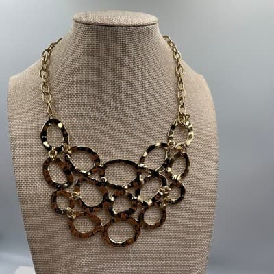 VTG Gold Textured Oval Link Bib Necklace Statement Collar Jewelry Bold Boho Chic - Thumbnail 5