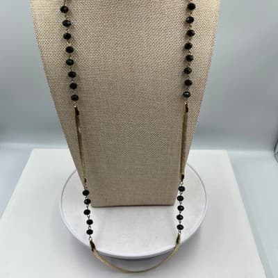 VTG Gold Herringbone & Black Faceted Bead Long Layering Necklace Chic Classic - Thumbnail 2
