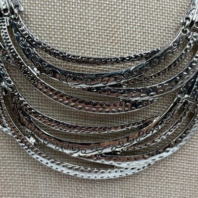 VTG Silver Tone Multi Strand Crescent Bib Necklace Etched Tribal Statement Piece - Thumbnail 3