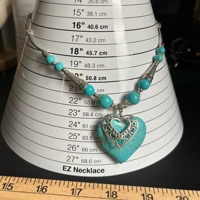 VTG Boho Turquoise Howlite Heart Pendant Necklace Silver Tone Beaded Statement - Thumbnail 7