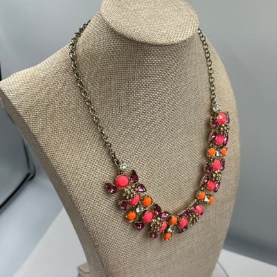 Vintage Statement Cluster Bib Necklace Pink Orange Purple Stones Gold Tone Boho - Thumbnail 5
