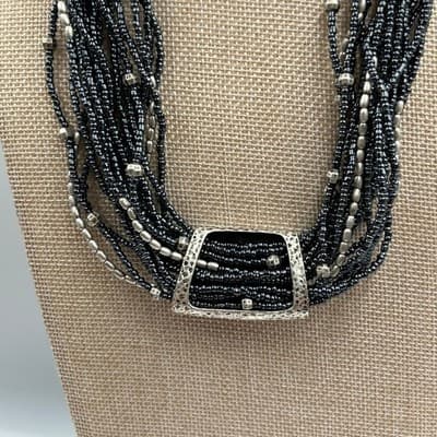 Coldwater Creek Multi-Strand Seed Bead Necklace Silver Tone Hammer Slide Accent - Thumbnail 8