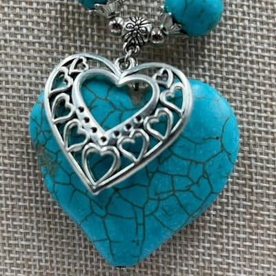 VTG Boho Turquoise Howlite Heart Pendant Necklace Silver Tone Beaded Statement - Thumbnail 4