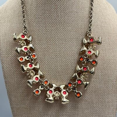 Vintage Statement Cluster Bib Necklace Pink Orange Purple Stones Gold Tone Boho - Thumbnail 6