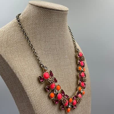 Vintage Statement Cluster Bib Necklace Pink Orange Purple Stones Gold Tone Boho - Thumbnail 4