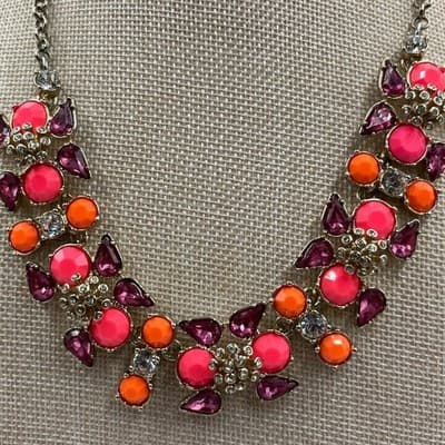 Vintage Statement Cluster Bib Necklace Pink Orange Purple Stones Gold Tone Boho - Thumbnail 3