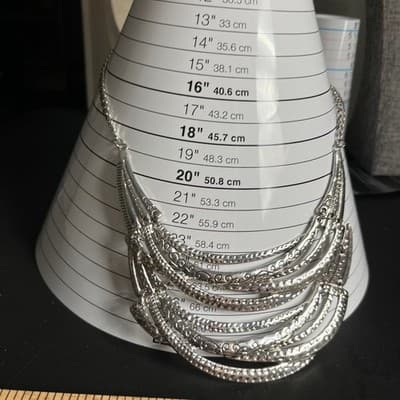 VTG Silver Tone Multi Strand Crescent Bib Necklace Etched Tribal Statement Piece - Thumbnail 8