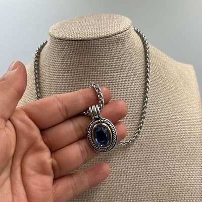 Vintage Silver Tone Wheat Chain Necklace Blue Glass Pendant Two-Tone Rope Accent - Thumbnail 5
