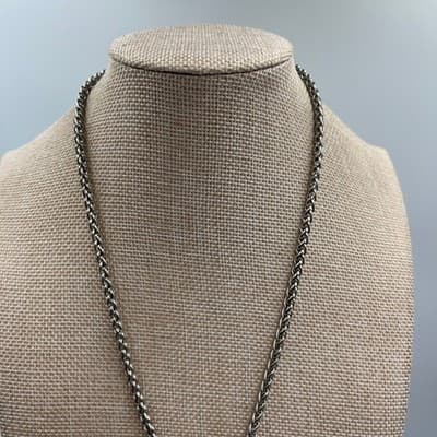 Vintage Silver Tone Wheat Chain Necklace Blue Glass Pendant Two-Tone Rope Accent - Thumbnail 2