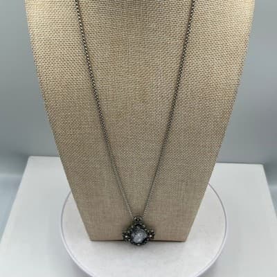 Vintage Gothic Silver Tone Filigree Pendant Necklace Bezel AB Crystal Accents - Thumbnail 3