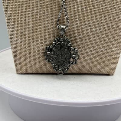 Vintage Gothic Silver Tone Filigree Pendant Necklace Bezel AB Crystal Accents - Thumbnail 4