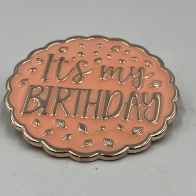VTG It's My Birthday Enamel Pin Rose Gold Tone Peach Pink Scalloped Edge Brooch - Thumbnail 2