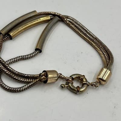 Vintage Gold Tone Multi Strand Snake Chain Bracelet Triple Tube Slide Statement - Thumbnail 4