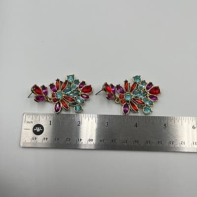 VTG Colorful Multi-Stone Floral Drop Earrings – Gold Tone Statement Boho Jewelry - Thumbnail 5