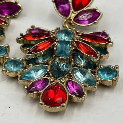 VTG Colorful Multi-Stone Floral Drop Earrings – Gold Tone Statement Boho Jewelry - Thumbnail 3