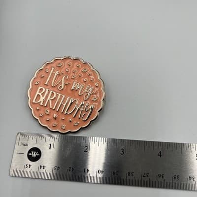 VTG It's My Birthday Enamel Pin Rose Gold Tone Peach Pink Scalloped Edge Brooch - Thumbnail 6