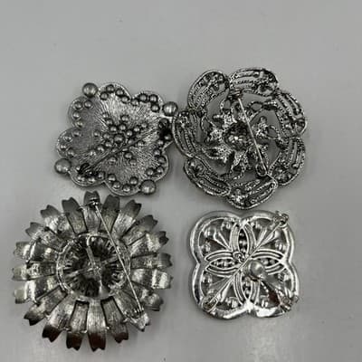 VTG Set of 4 Vintage Silver Tone Rhinestone Brooches Floral Star Burst Jewelry - Thumbnail 8