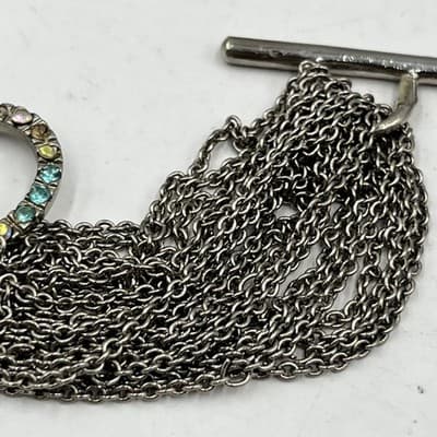 Vintage Silver Tone Multi Strand Chain Heart Bracelet Rhinestone Toggle Clasp - Thumbnail 4